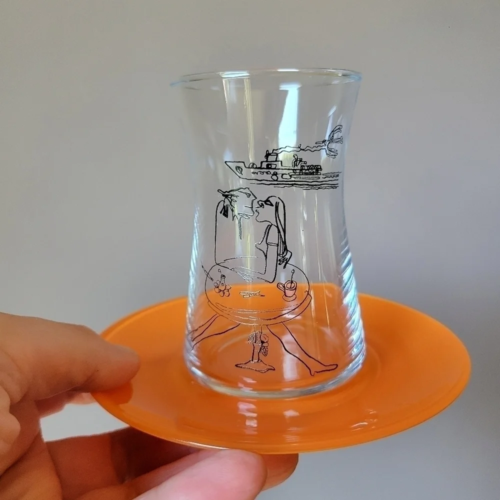 Teacup Set by Cartoonist Behiç Ak 5 Glasses Turkish Narrow  6 Saucers